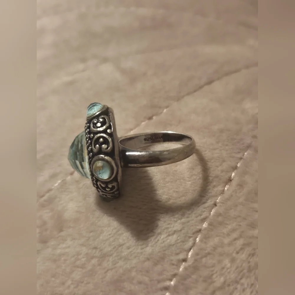 Noa 925 Turquoise gold leaf faceted quartz ladies ornate overlay ring Size 6.